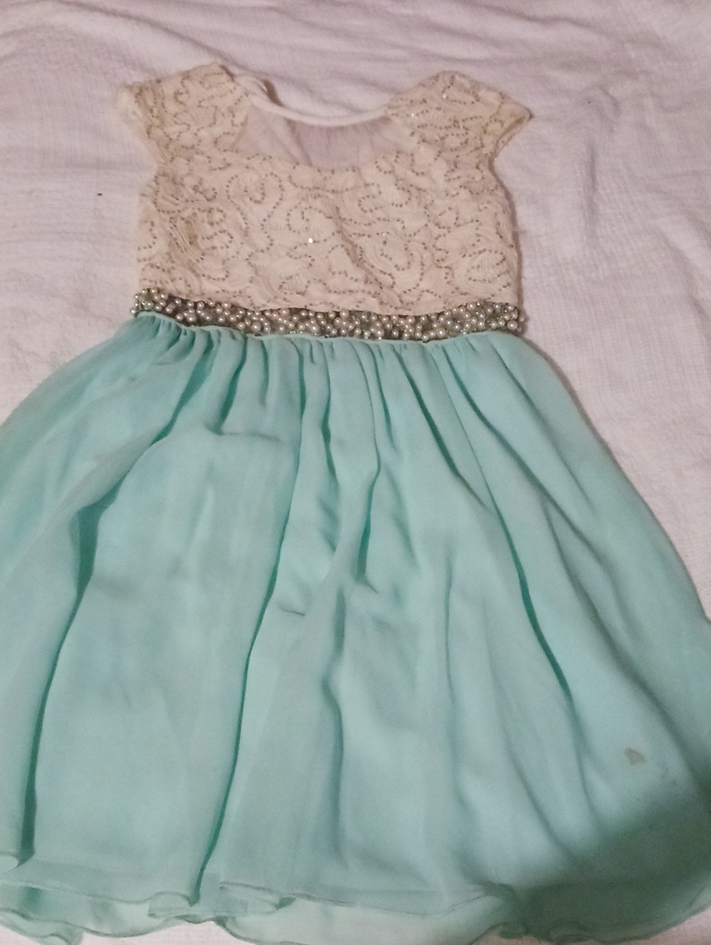 Speechless Ivory Lace Top Mint Chiffon Dress with Pearl Waist